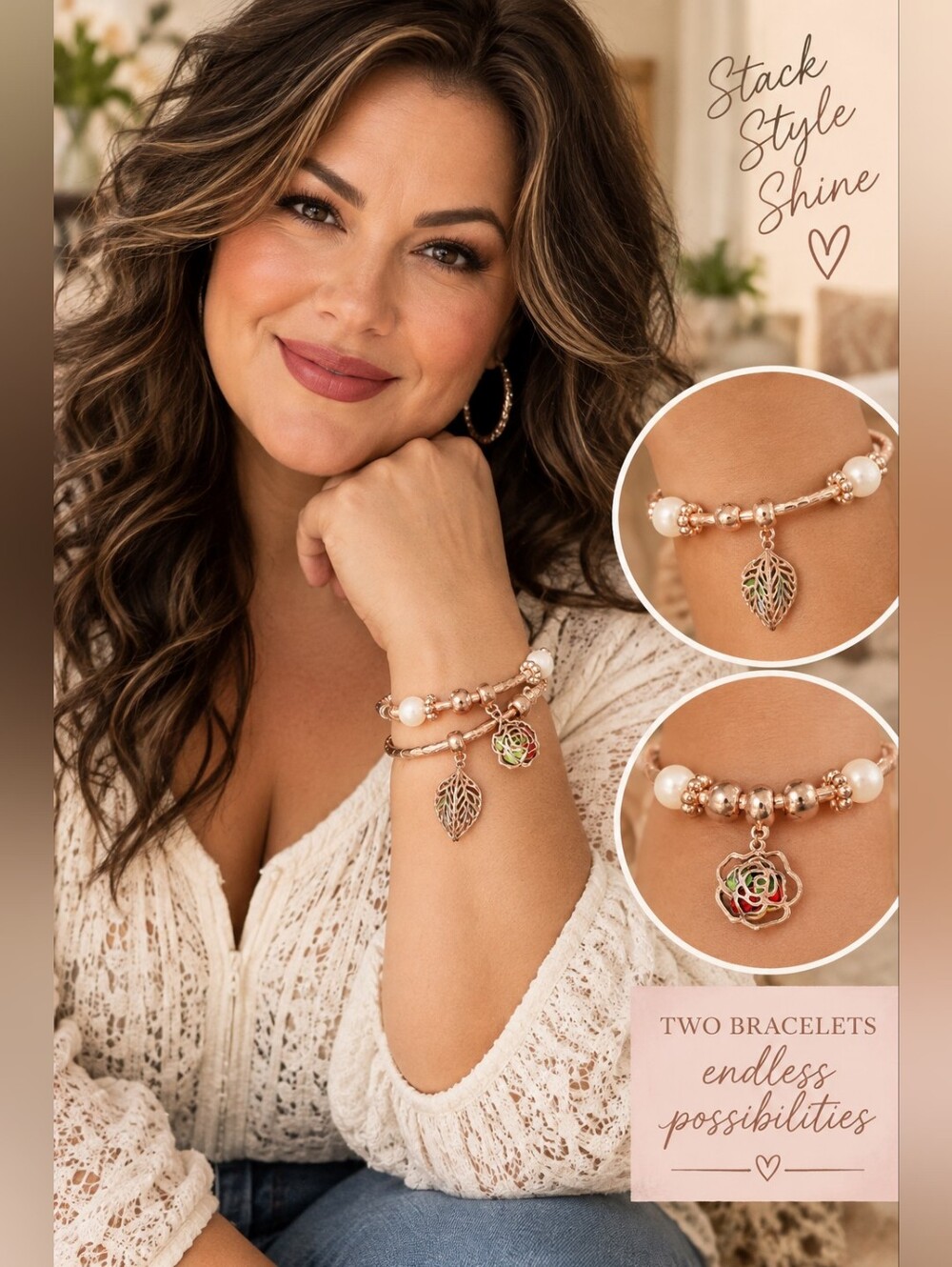 Rose Gold Tone Pearl Charm Bangle Bracelet Set Leaf Rose Floral 8” Stackable